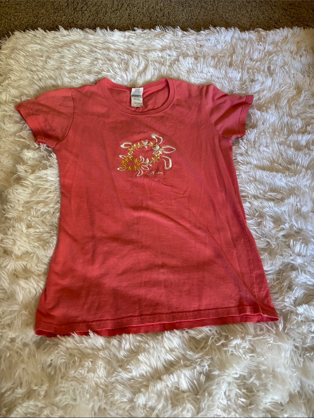 Gildan Coral Pink Short Sleeve Tee with Floral Embroidery